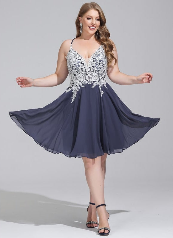 Trapèze col v court mousseline robe de bal de promo avec paillettes perles - gallery 4