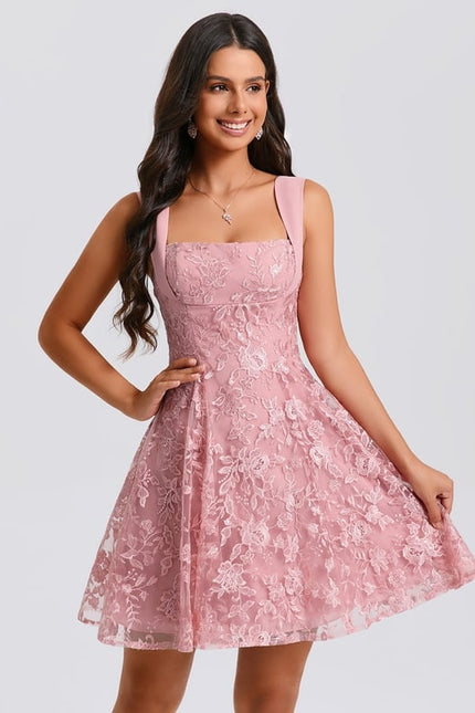 Trapèze col carré mini dentelle robe de bal de promo avec nœud paillettes - gallery 4