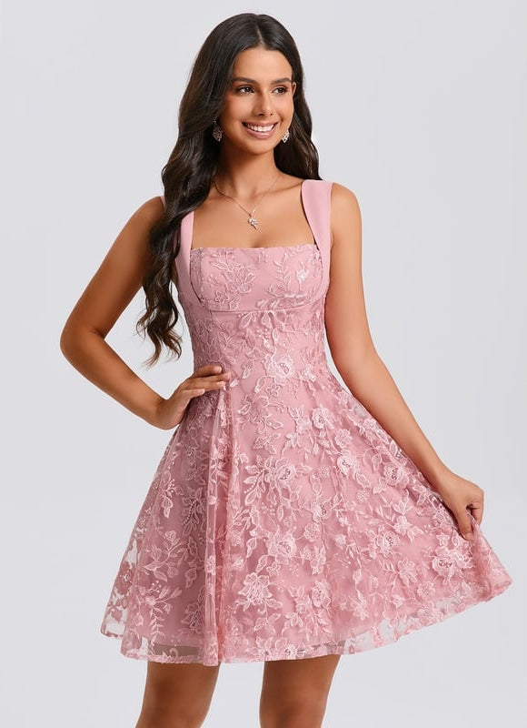 Trapèze col carré mini dentelle robe de bal de promo avec nœud paillettes - gallery 4