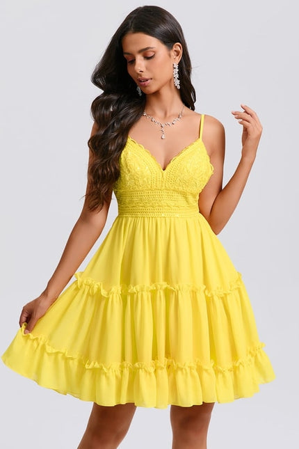 Trapèze col v court mousseline robe de bal de promo avec à volants paillettes - gallery 3