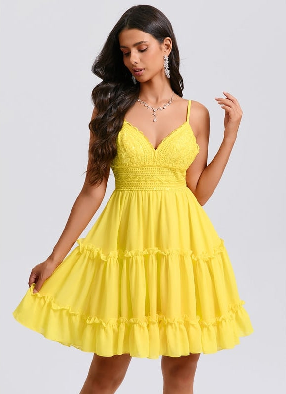 Trapèze col v court mousseline robe de bal de promo avec à volants paillettes - gallery 3