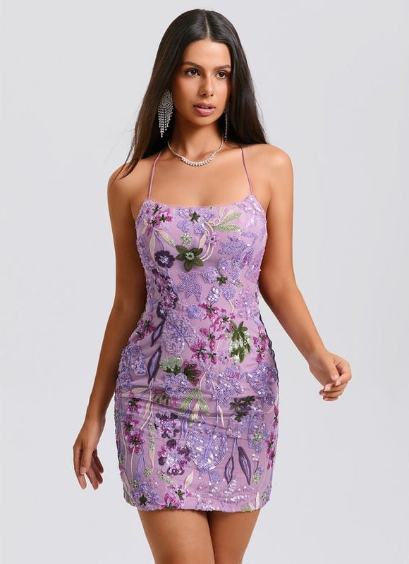 Moulante col rond mini dentelle floral robe de bal de promo avec paillettes broderie - gallery 4