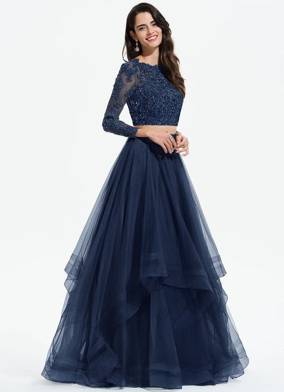 Princesse col rond longueur ras du sol tulle robe de bal avec perles paillettes - gallery 3