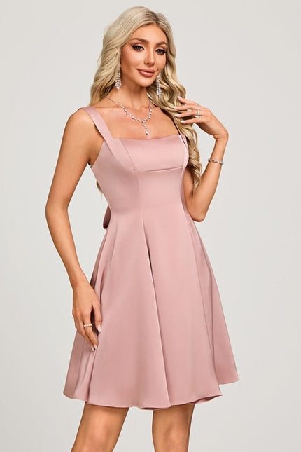 Trapèze col carré court satin mat robe de bal de promo avec nœud - gallery 4