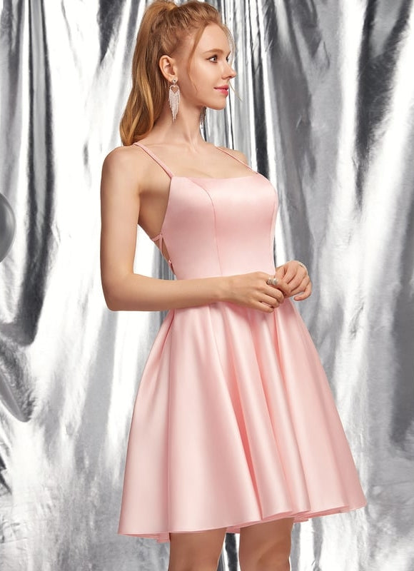 Trapèze col carré court satin robe de bal de promo - gallery 3