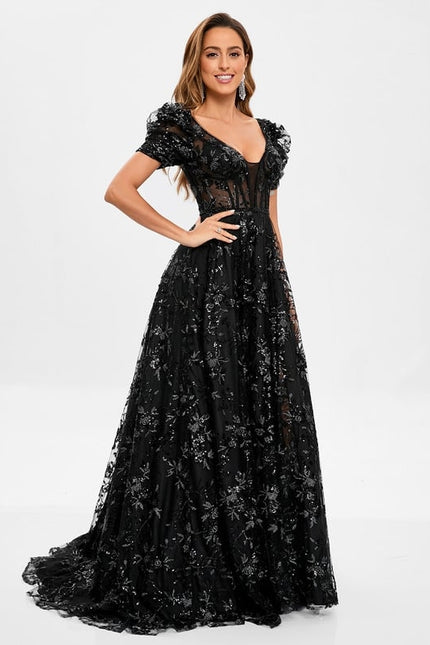 Trapèze col v traîne balayage floral dentelle robe de bal avec paillettes - gallery 2