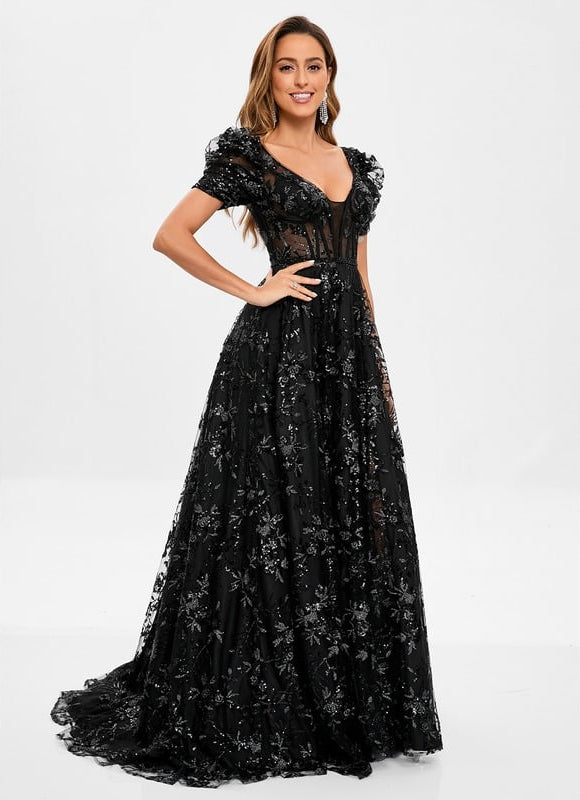 Trapèze col v traîne balayage floral dentelle robe de bal avec paillettes - gallery 2