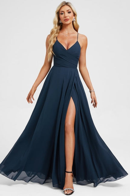 Trapèze col v longueur ras du sol mousseline robe de bal avec plissée