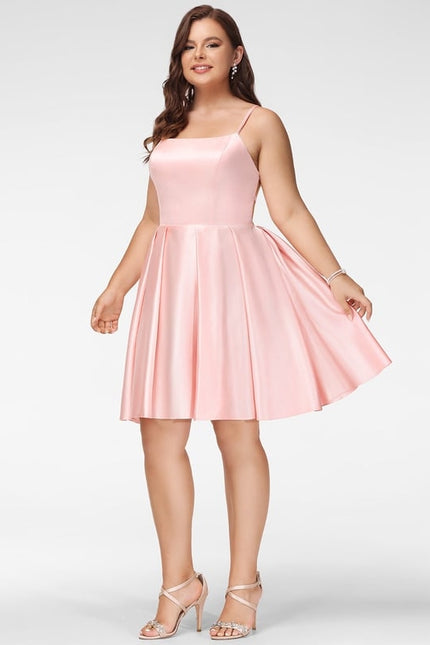Trapèze col carré court satin robe de bal de promo - gallery 8