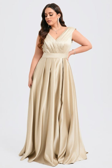 Trapèze col v longueur ras du sol satin robe de demoiselle d'honneur - gallery 7