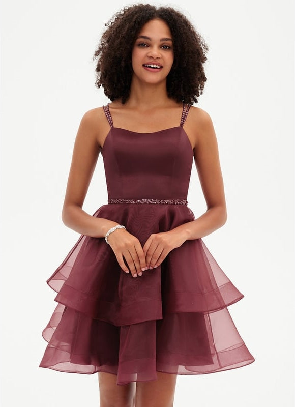 Trapèze col rond court organza robe de bal de promo avec perles paillettes - gallery 4