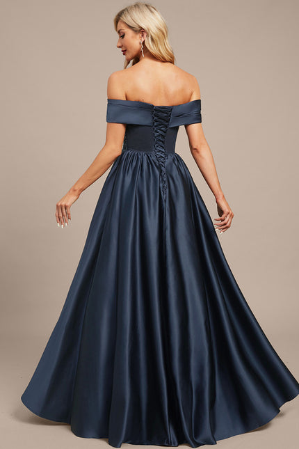 Trapèze épaule dénudée longueur ras du sol satin dentelle robe de soirée avec plissée paillettes - gallery 7