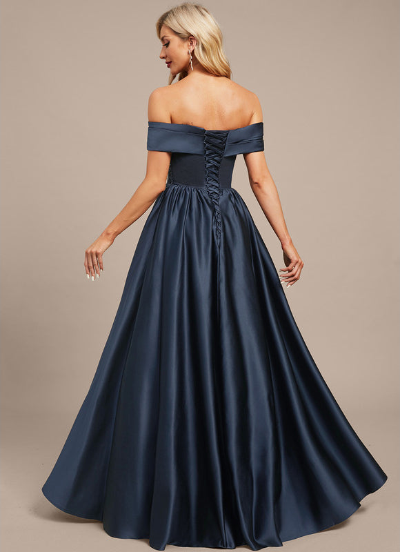 Trapèze épaule dénudée longueur ras du sol satin dentelle robe de soirée avec plissée paillettes - gallery 7