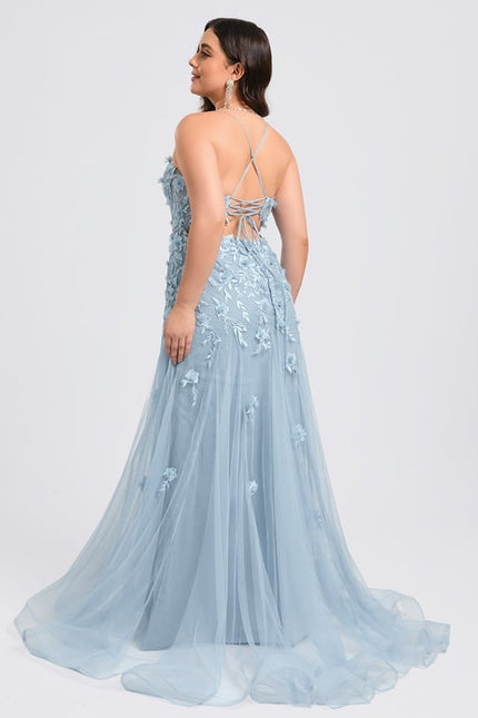 Sirène col droit traîne balayage tulle robe de bal avec fleurs - gallery 7