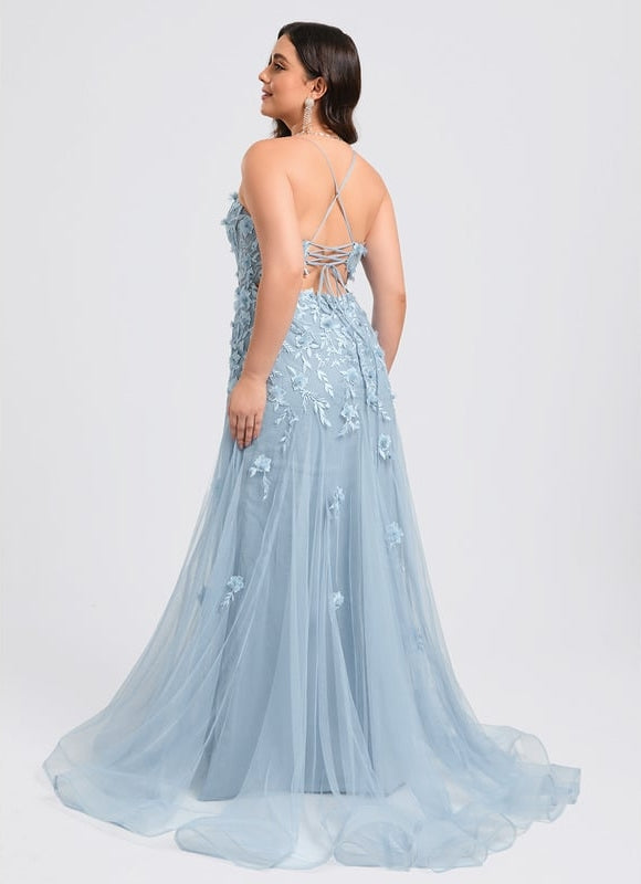 Sirène col droit traîne balayage tulle robe de bal avec fleurs - gallery 7