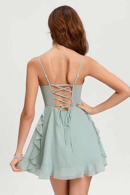 Trapèze col carré mini mousseline robe de bal de promo avec à volants - gallery 3