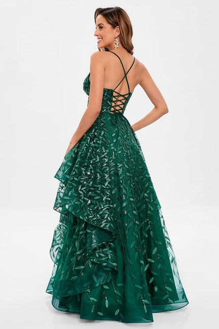 Princesse col v longueur ras du sol dentelle floral robe de bal avec paillettes - gallery 5