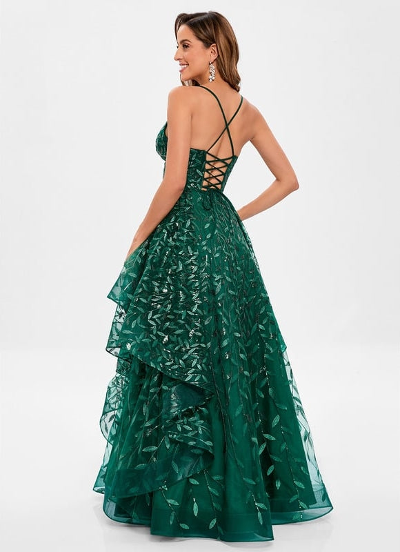 Princesse col v longueur ras du sol dentelle floral robe de bal avec paillettes - gallery 5