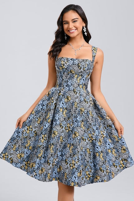 Trapèze col carré longueur genou jacquard robe de bal de promo avec nœud - gallery 4