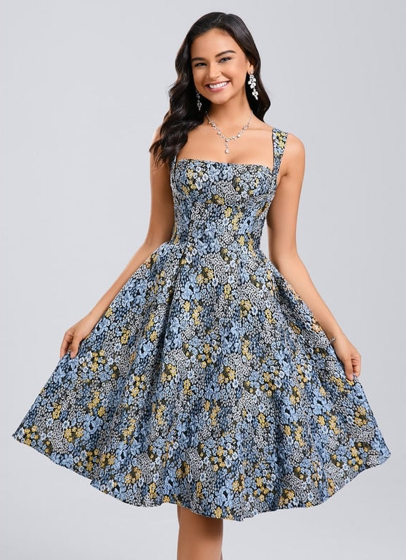Trapèze col carré longueur genou jacquard robe de bal de promo avec nœud - gallery 4