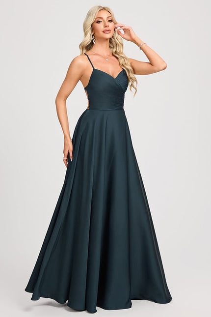 Trapèze col v longueur ras du sol satin mat robe de bal avec plissée - gallery 4