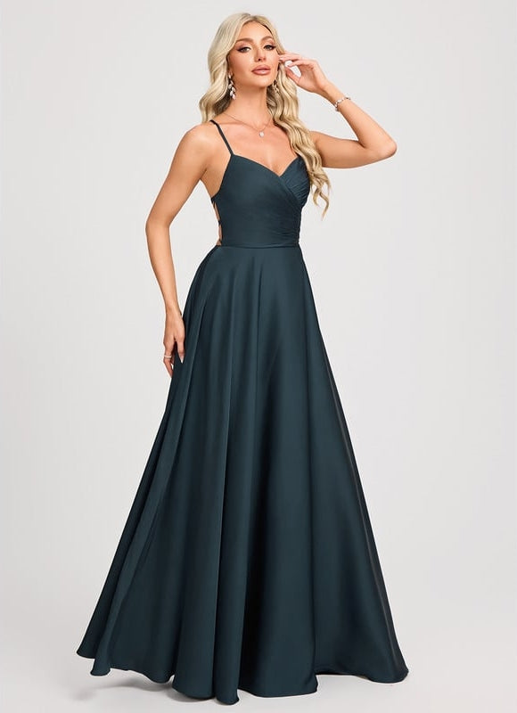 Trapèze col v longueur ras du sol satin mat robe de bal avec plissée - gallery 4