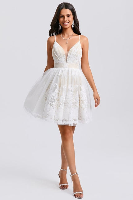 Princesse col v court tulle dentelle robe de bal de promo avec plissée - gallery 2