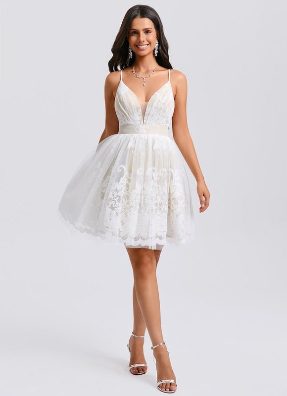 Princesse col v court tulle dentelle robe de bal de promo avec plissée - gallery 2