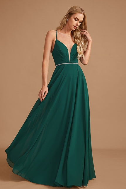 Trapèze col v longueur ras du sol mousseline robe de demoiselle d'honneur avec perles