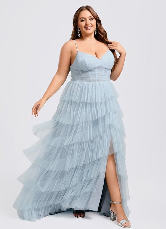 Princesse col v traîne balayage tulle robe de bal - gallery 7