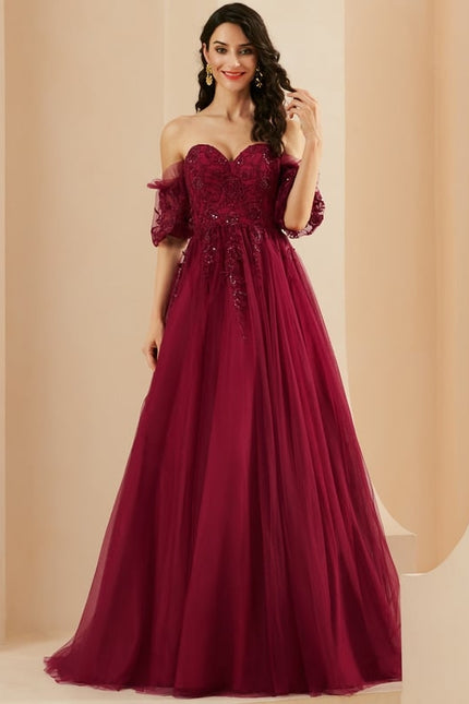 Princesse col cœur traîne balayage tulle robe de bal avec paillettes - gallery 1