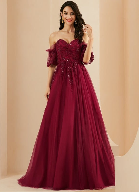 Princesse col cœur traîne balayage tulle robe de bal avec paillettes - gallery 1