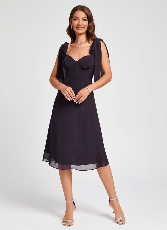 Trapèze col cœur longueur genou mousseline robe de cocktail - gallery 1