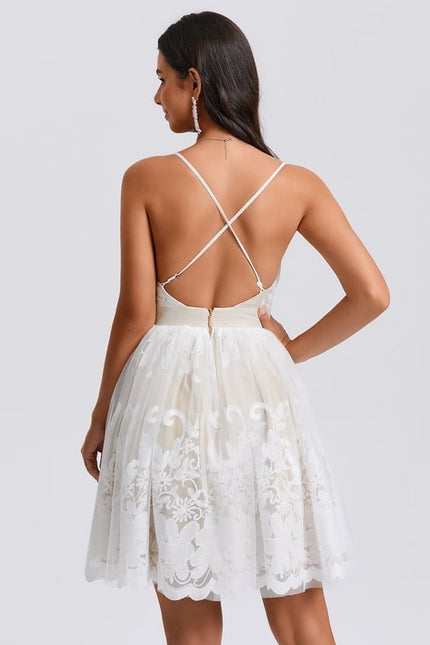Princesse col v court tulle dentelle robe de bal de promo avec plissée - gallery 3