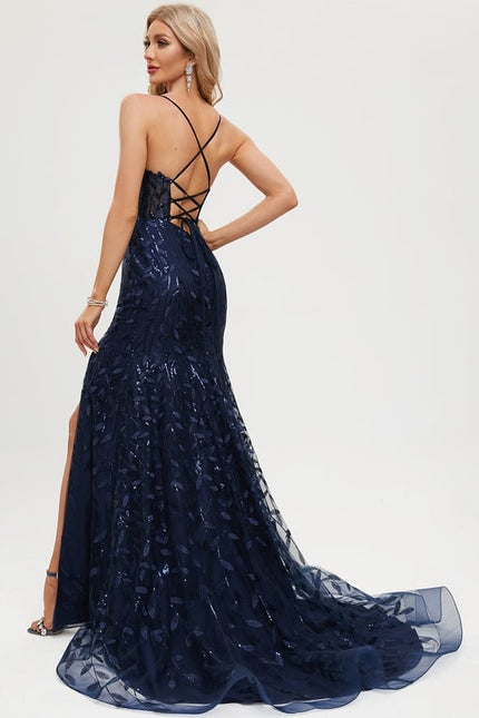 Sirène col v traîne balayage dentelle robe de bal avec paillettes - gallery 2