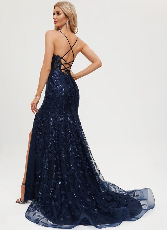 Sirène col v traîne balayage dentelle robe de bal avec paillettes - gallery 2
