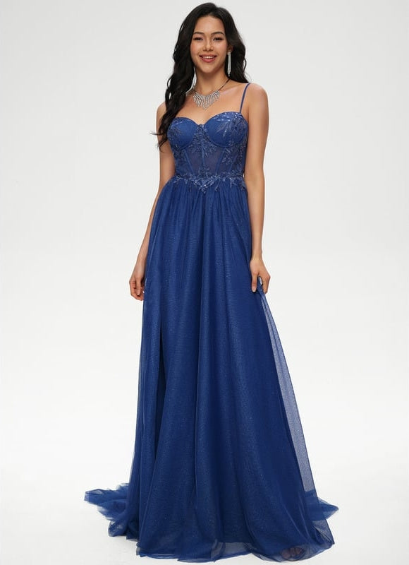 Princesse col cœur traîne balayage tulle robe de bal avec paillettes appliques de dentelle - gallery 1
