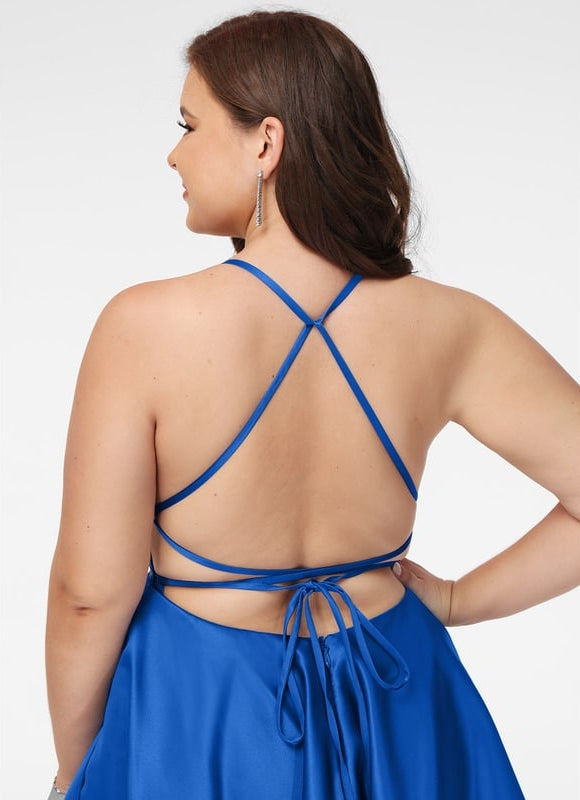 Trapèze col carré court satin robe de bal de promo - gallery 6
