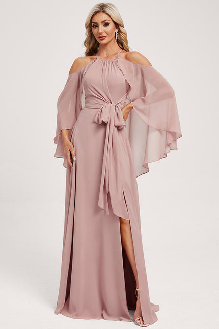 Trapèze décolleté épaules licou longueur ras du sol mousseline robe de demoiselle d'honneur - gallery 3