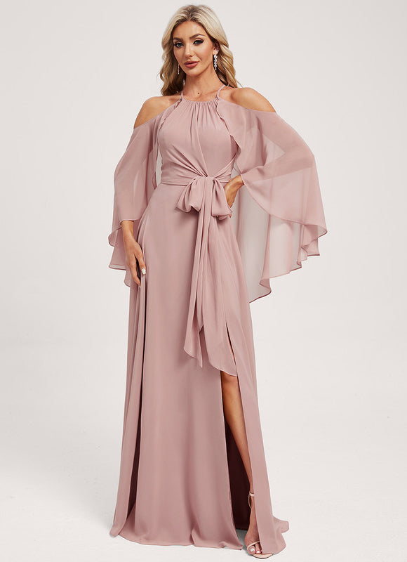 Trapèze décolleté épaules licou longueur ras du sol mousseline robe de demoiselle d'honneur - gallery 3