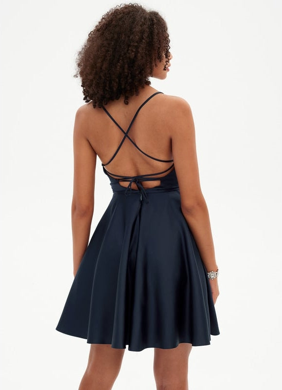 Trapèze col rond court satin robe de bal de promo - gallery 5
