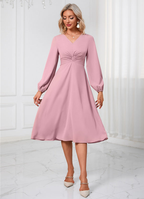 Robe nœud col v trapèze polyester midi