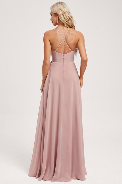 Trapèze décolleté épaules licou longueur ras du sol mousseline robe de demoiselle d'honneur - gallery 9