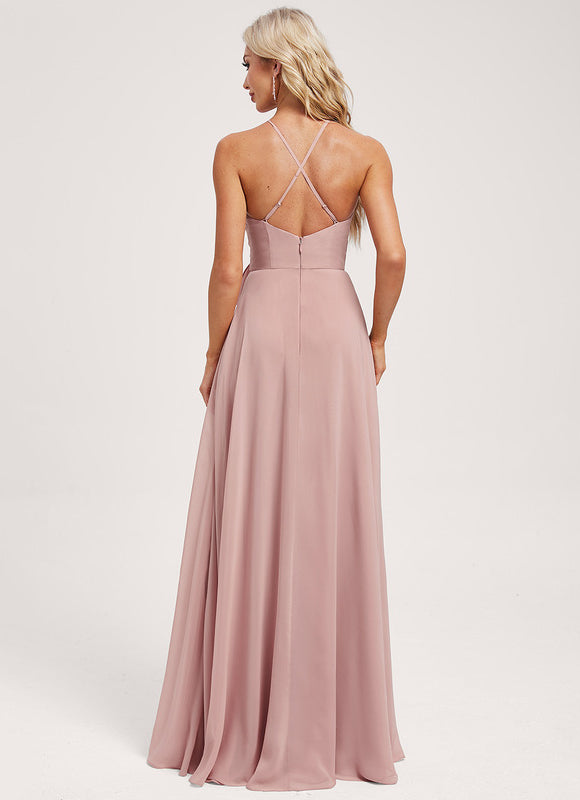 Trapèze décolleté épaules licou longueur ras du sol mousseline robe de demoiselle d'honneur - gallery 9