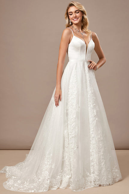 Trapèze col v traîne balayage dentelle tulle robe de mariée avec perles paillettes - gallery 3