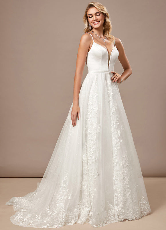Trapèze col v traîne balayage dentelle tulle robe de mariée avec perles paillettes - gallery 3