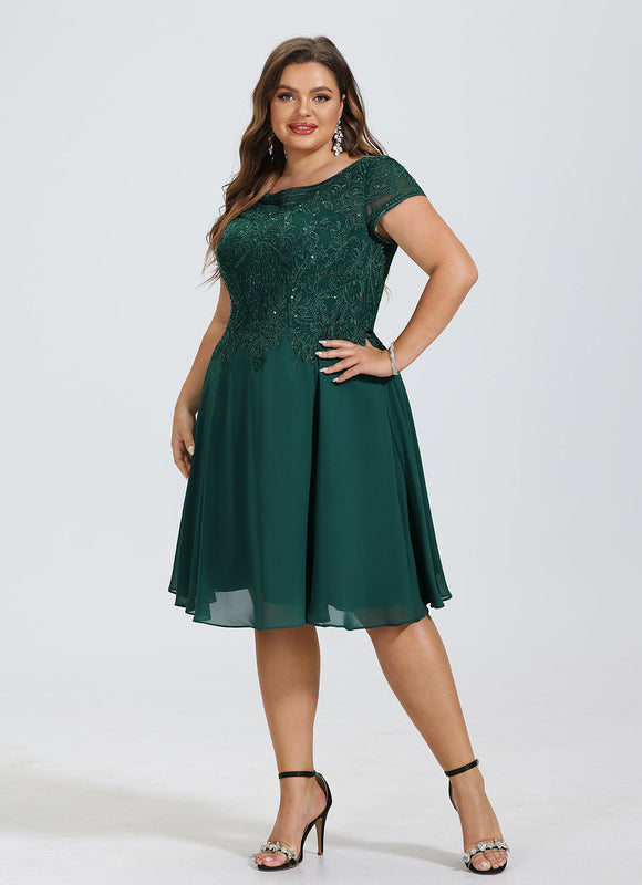 Trapèze col rond longueur genou dentelle mousseline robe de cocktail avec paillettes - gallery 8