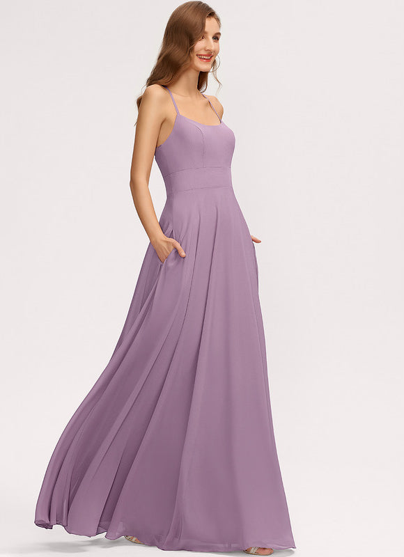 Trapèze col rond longueur ras du sol mousseline robe de demoiselle d'honneur - gallery 2