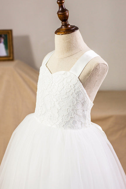 Princesse col cœur longueur mollet satin/tulle/dentelle robes fille mariage avec nœud - gallery 3