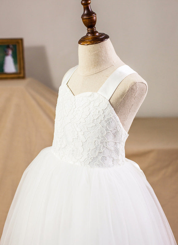 Princesse col cœur longueur mollet satin/tulle/dentelle robes fille mariage avec nœud - gallery 3
